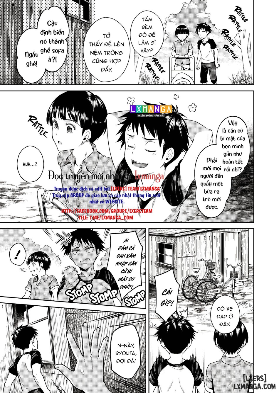 One girl and two boys in their secret base 