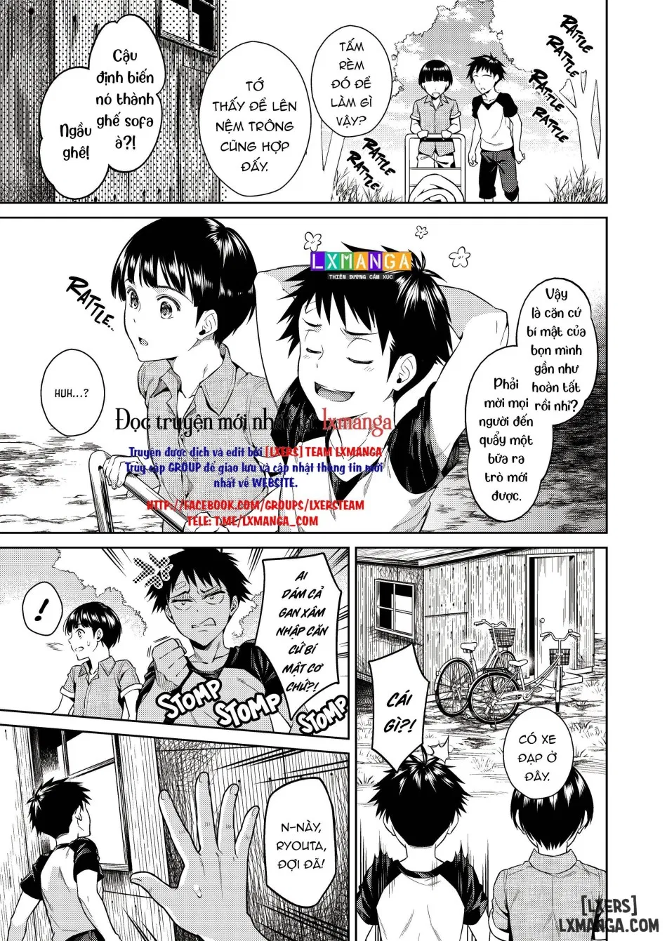 One girl and two boys in their secret base 