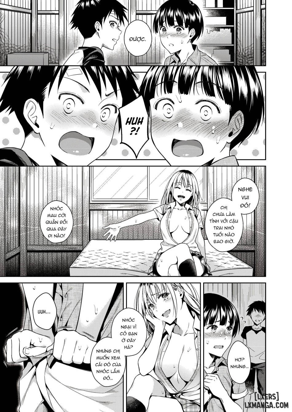 One girl and two boys in their secret base 