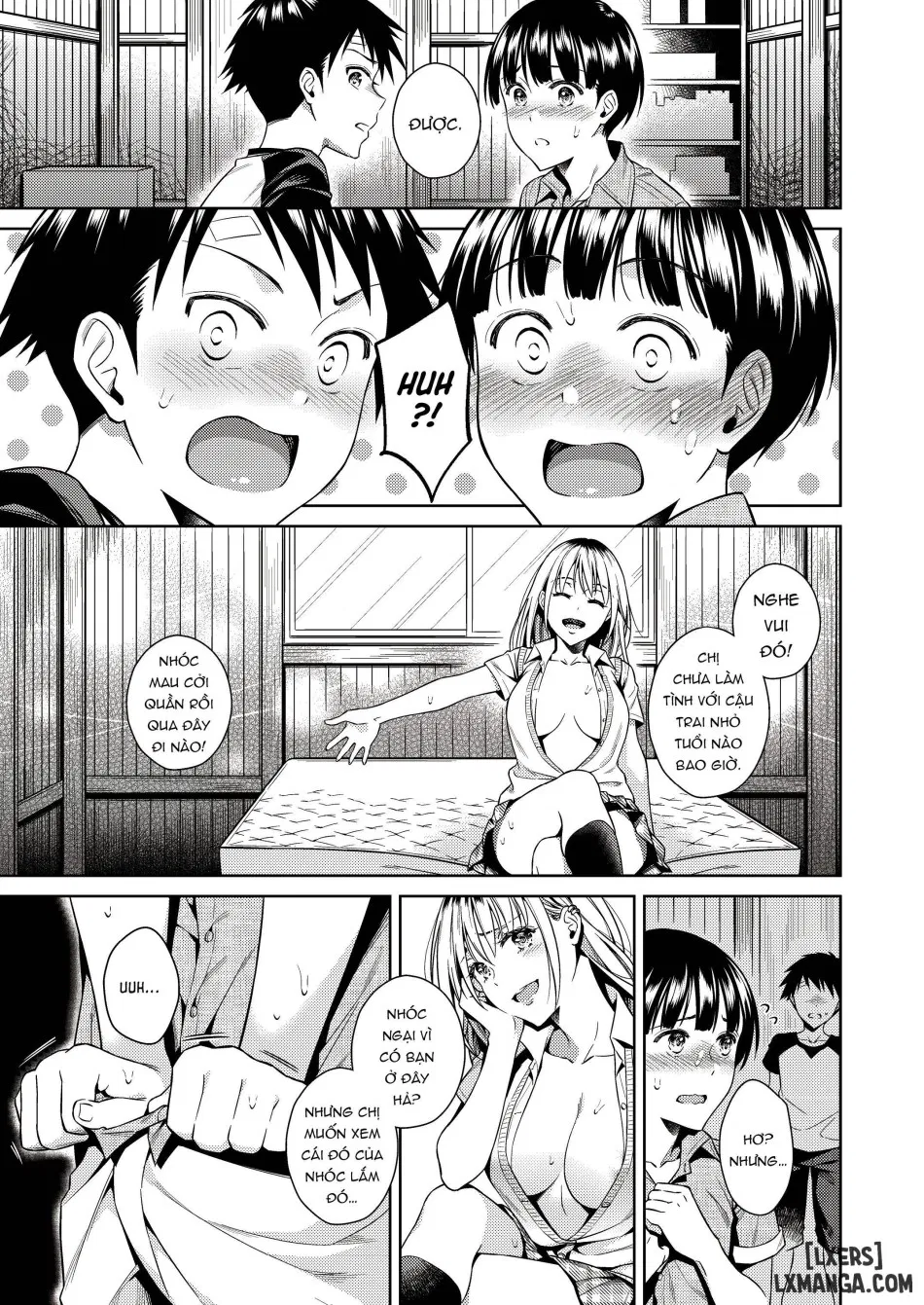 One girl and two boys in their secret base 