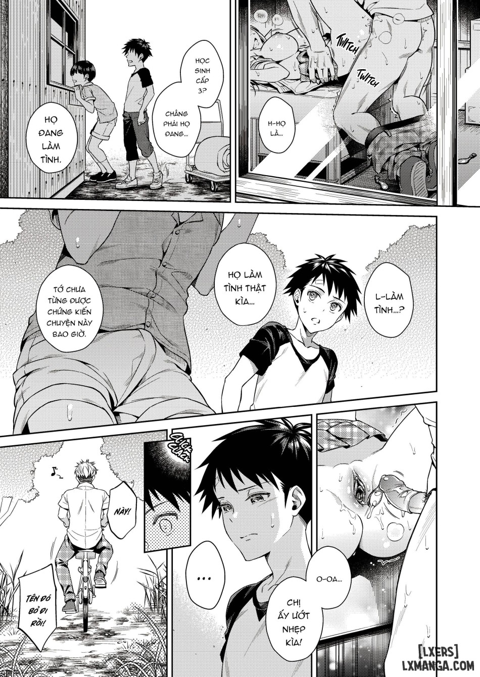 One girl and two boys in their secret base 