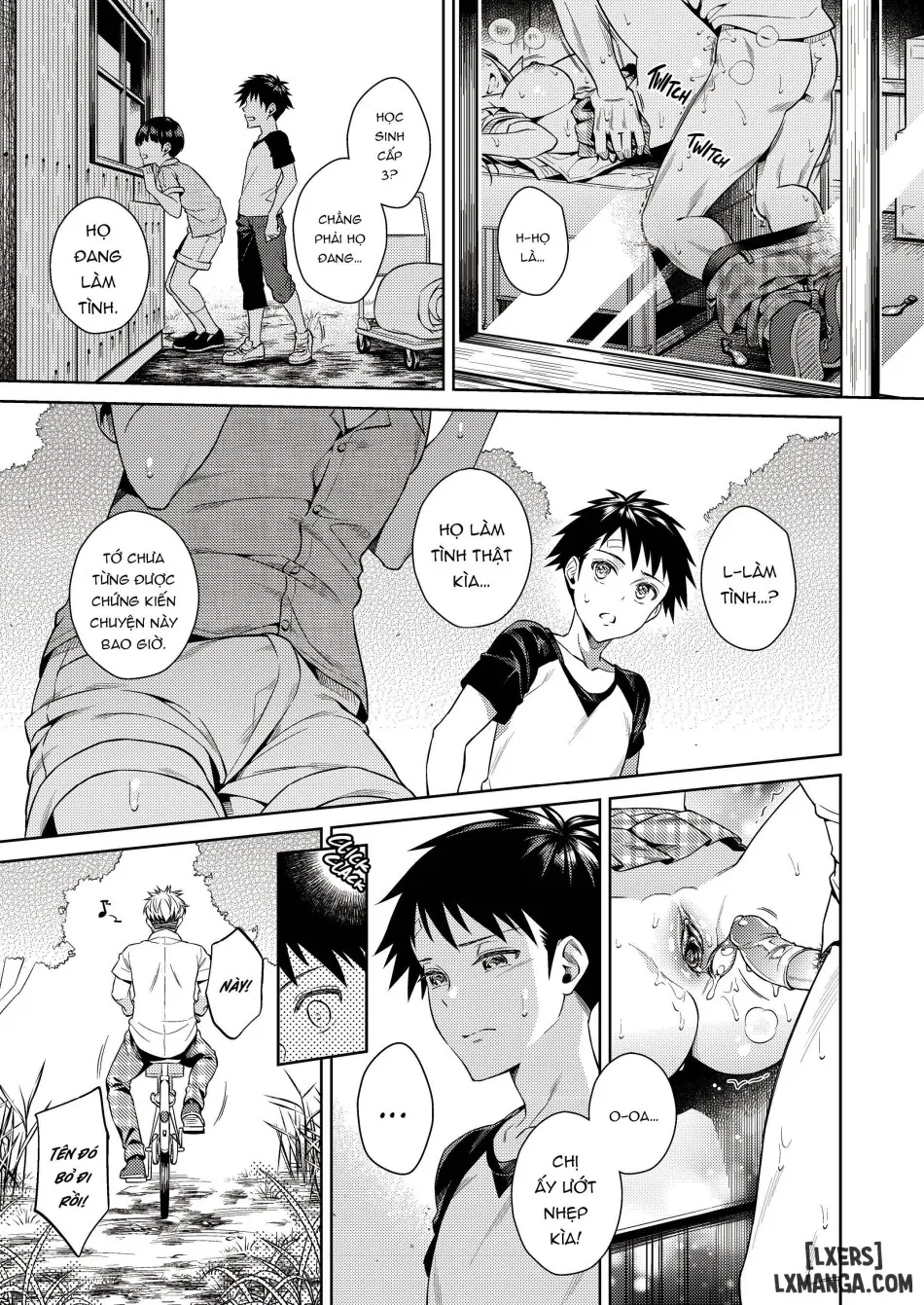 One girl and two boys in their secret base 